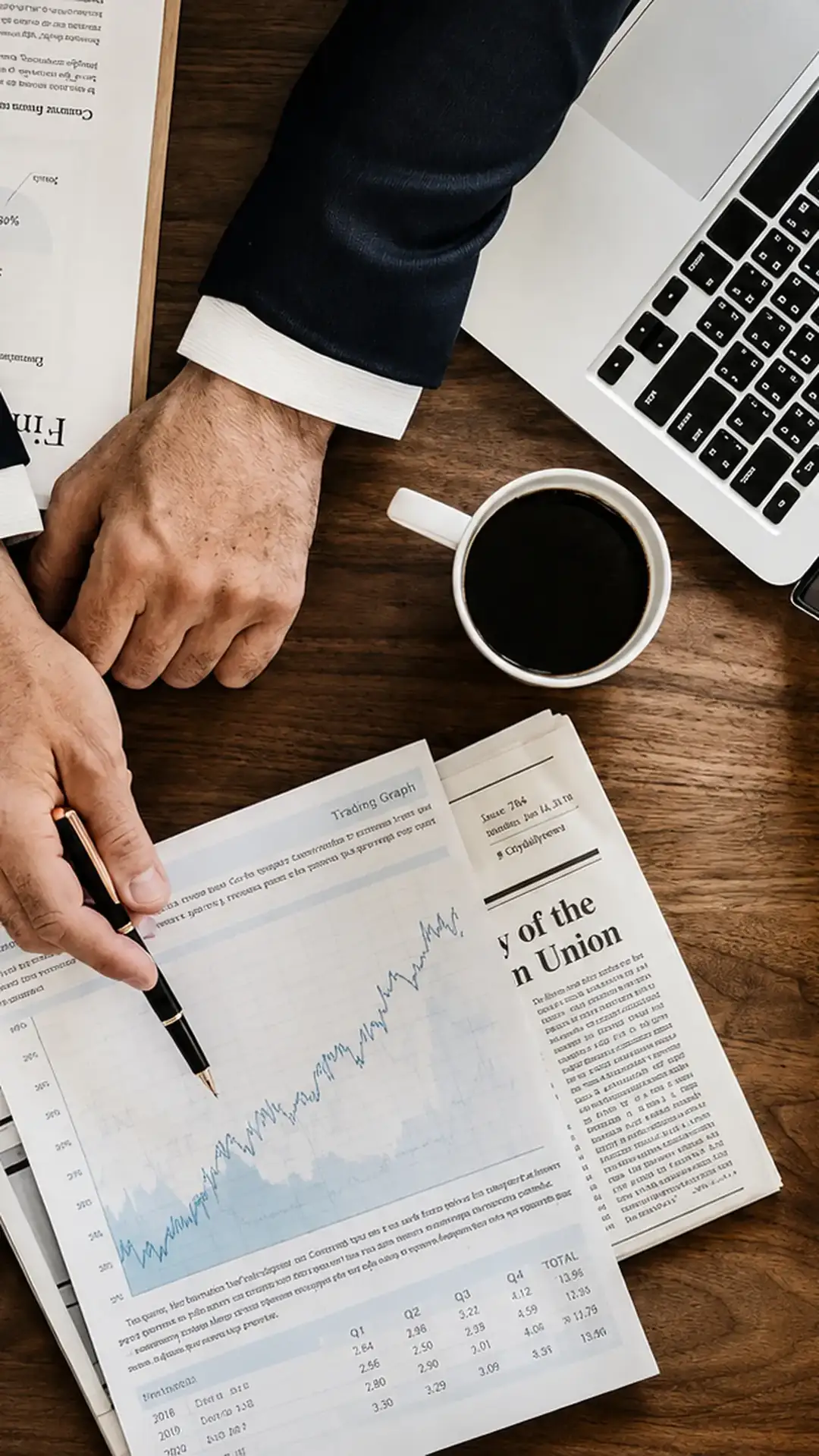 Mesa de trabalho com relatórios, jornal e gráficos de mercado.