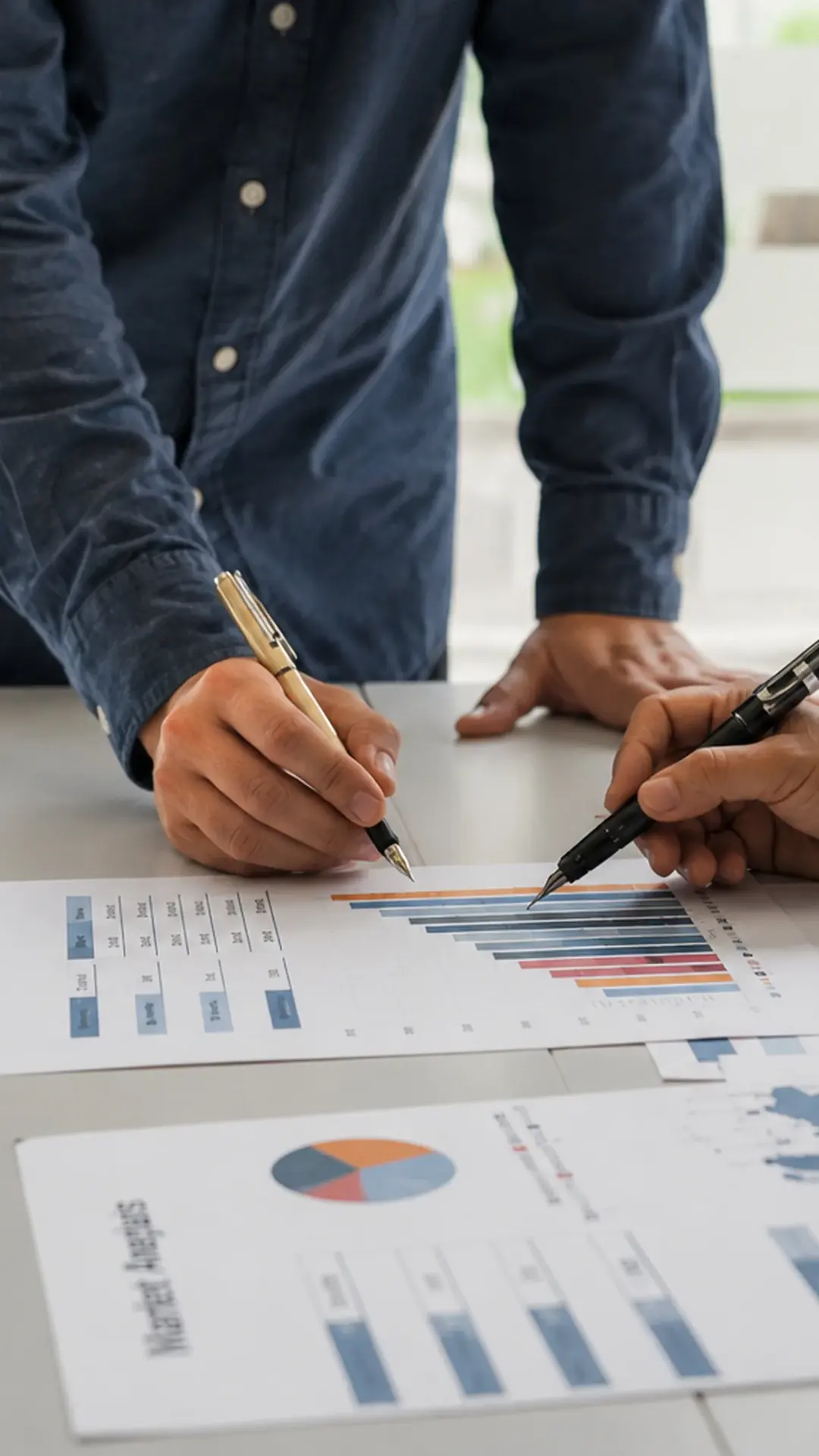 Dois profissionais analisando gráficos de alocação impressos.